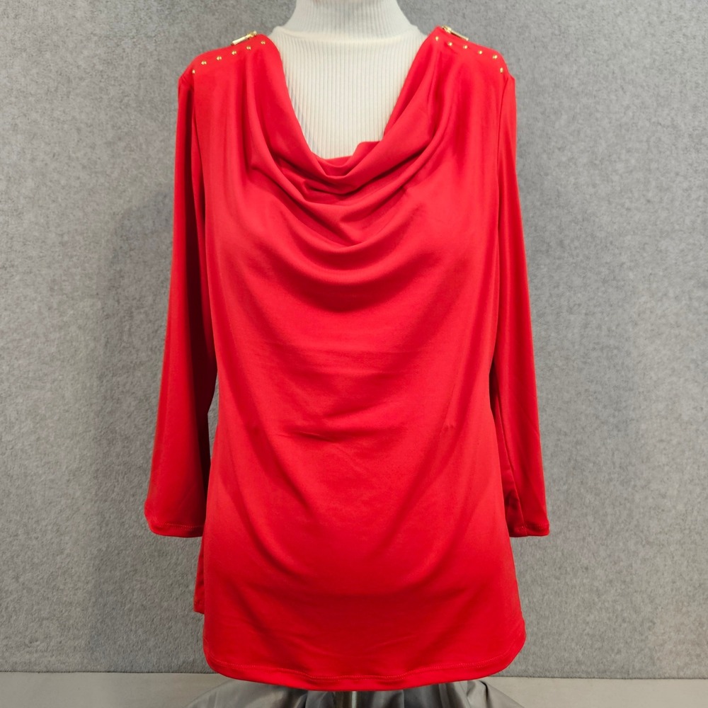 PREMISE‎ STUDIO | Womens Red Cowl Neck Top Gold Stud Detail Long Sleeve Size M